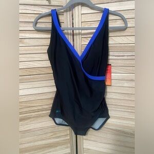 NWT Black and blue plunge one piece women’s swim suit, size 8